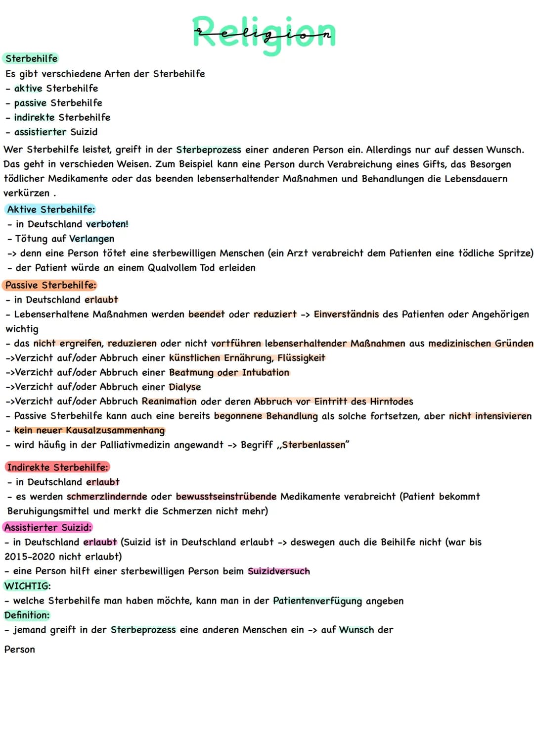 Sterbehilfe
Es gibt verschiedene Arten der Sterbehilfe
- aktive Sterbehilfe
- passive Sterbehilfe
- indirekte Sterbehilfe
- assistierter Sui