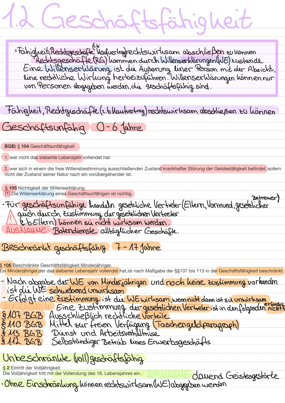 Blaffe
1. Rechtsfähigkeit
2. Geschäftsfähig heit
3. Willenserklärung
4. Arten von Rechtsgeschäften
4. Kaufvertrag/Verpflichtungsgeschalt
5. 