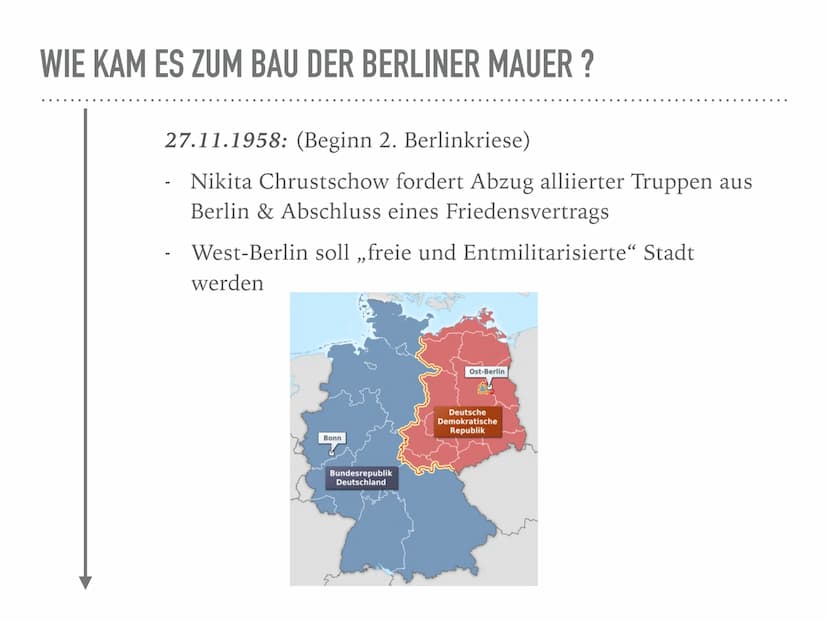 BAU DER BERLINER MAUER
13.08.1961 WIE KAM ES ZUM BAU DER BERLINER MAUER ?
27.11.1958: (Beginn 2. Berlinkriese)
- Nikita Chrustschow fordert 