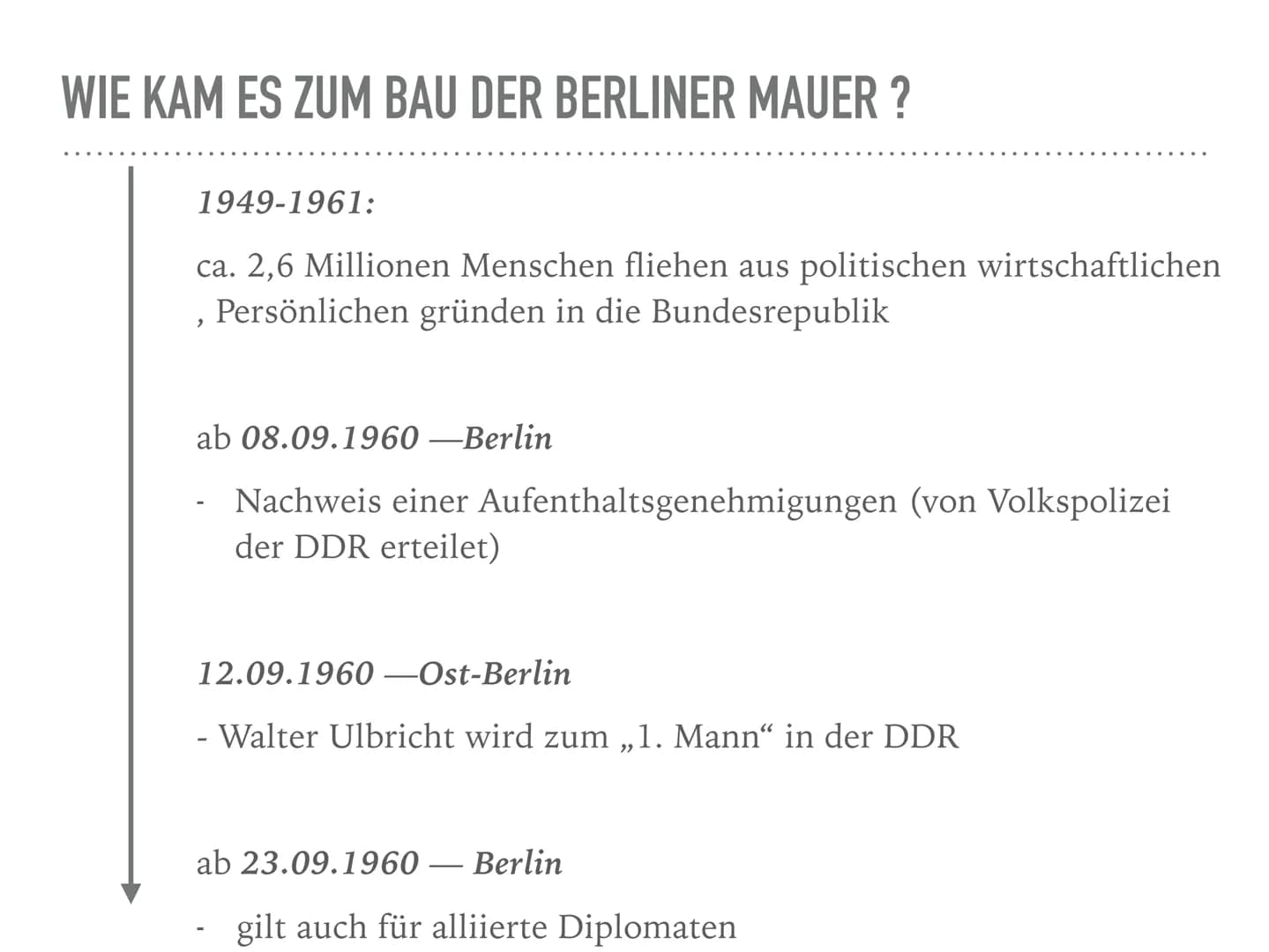 BAU DER BERLINER MAUER
13.08.1961 WIE KAM ES ZUM BAU DER BERLINER MAUER ?
27.11.1958: (Beginn 2. Berlinkriese)
- Nikita Chrustschow fordert 