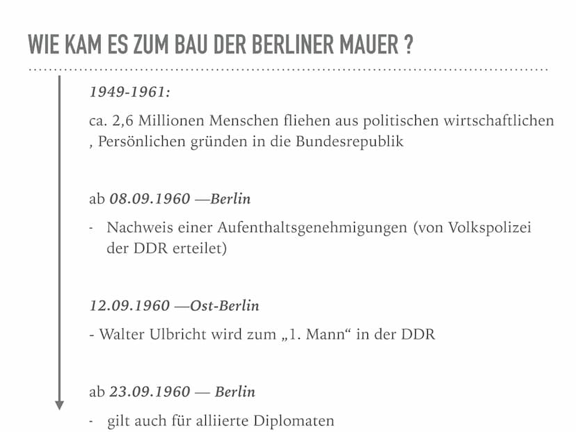 BAU DER BERLINER MAUER
13.08.1961 WIE KAM ES ZUM BAU DER BERLINER MAUER ?
27.11.1958: (Beginn 2. Berlinkriese)
- Nikita Chrustschow fordert 