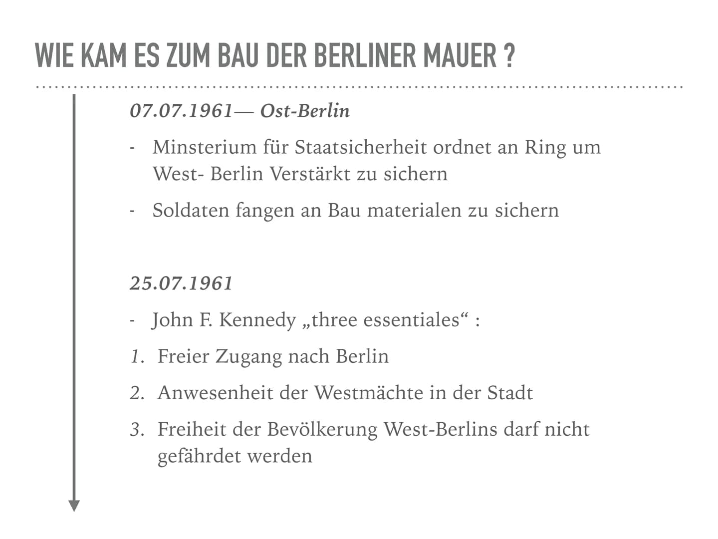 BAU DER BERLINER MAUER
13.08.1961 WIE KAM ES ZUM BAU DER BERLINER MAUER ?
27.11.1958: (Beginn 2. Berlinkriese)
- Nikita Chrustschow fordert 