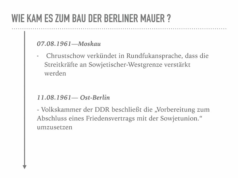 BAU DER BERLINER MAUER
13.08.1961 WIE KAM ES ZUM BAU DER BERLINER MAUER ?
27.11.1958: (Beginn 2. Berlinkriese)
- Nikita Chrustschow fordert 