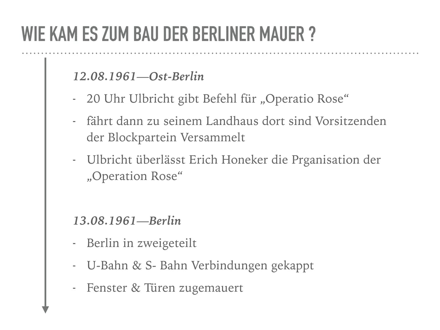 BAU DER BERLINER MAUER
13.08.1961 WIE KAM ES ZUM BAU DER BERLINER MAUER ?
27.11.1958: (Beginn 2. Berlinkriese)
- Nikita Chrustschow fordert 