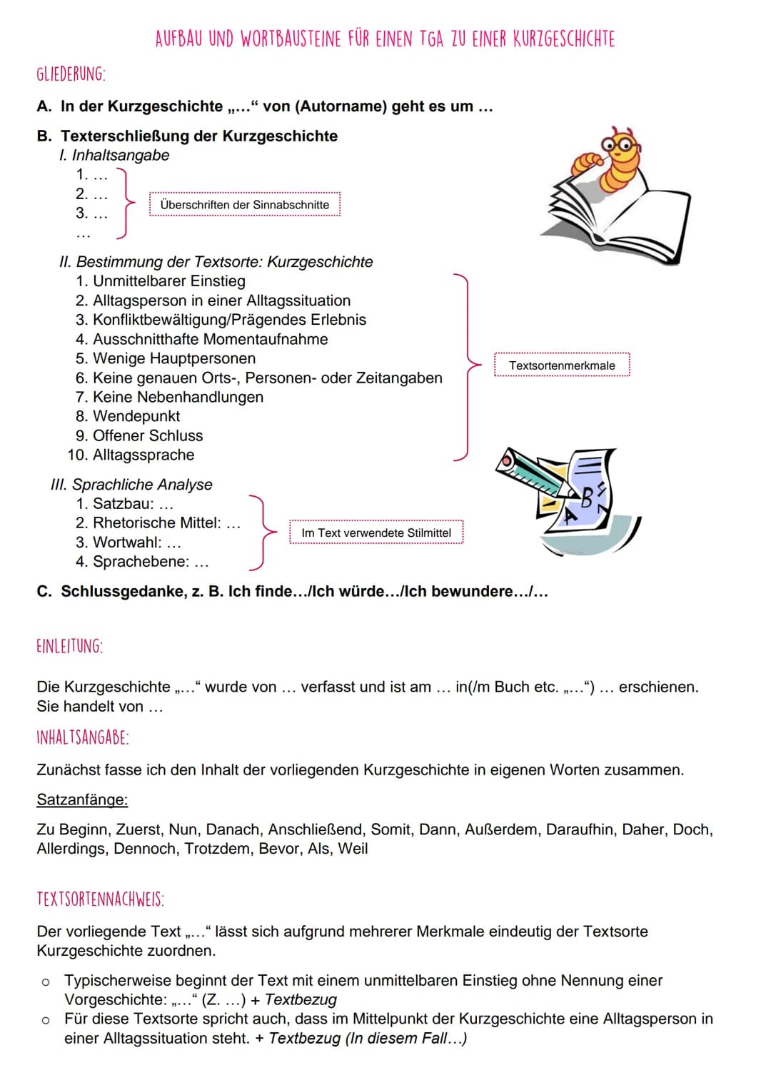 GLIEDERUNG:
A. In der Kurzgeschichte ." von (Autorname) geht es um ...
B. Texterschließung der Kurzgeschichte
1. Inhaltsangabe
1. ...
2....
