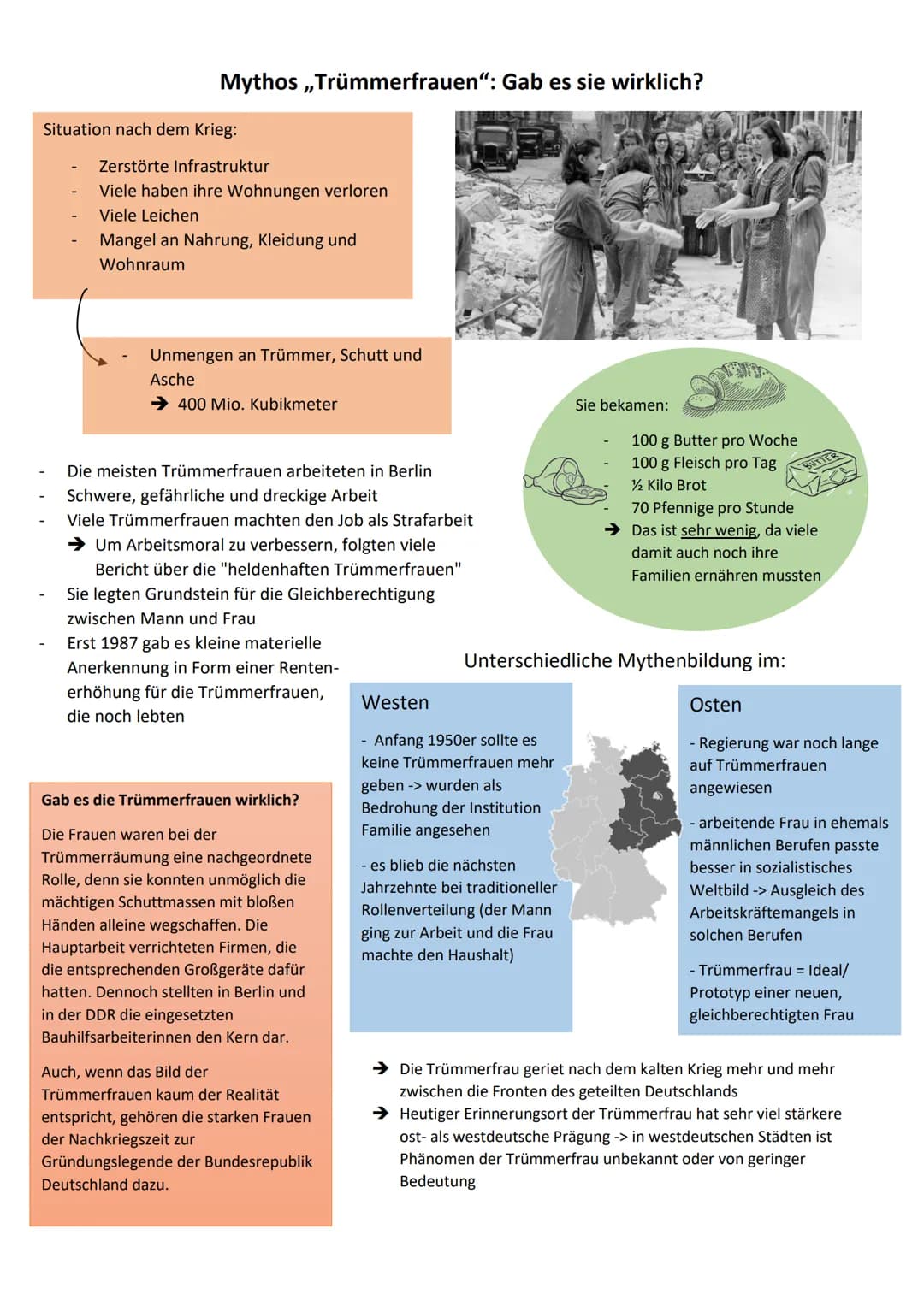 Mythos ,,Trümmerfrauen": Gab es sie wirklich?
Situation nach dem Krieg:
Zerstörte Infrastruktur
Viele haben ihre Wohnungen verloren
Viele Le