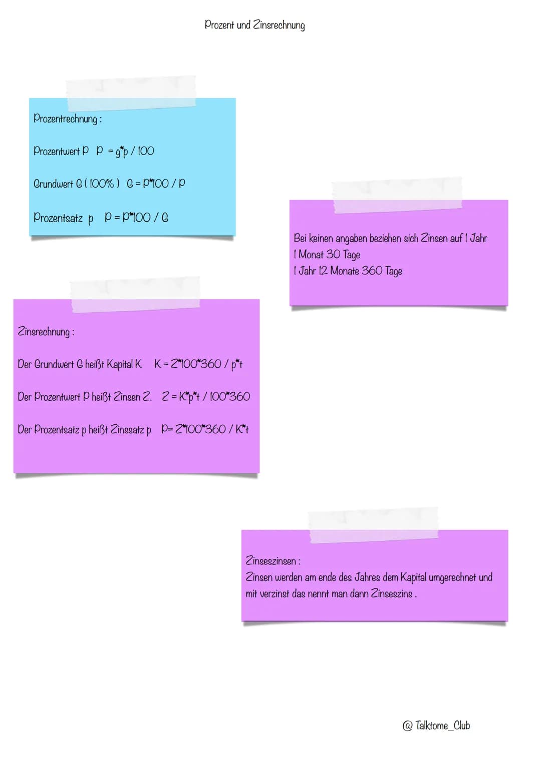Prozentrechnung:
Prozentwert P p =₁
= g*p/100
Grundwert G (100%) G=P*100/P
Prozentsatz p p =P*100 / G
Zinsrechnung:
Prozent und Zinsrechnung
