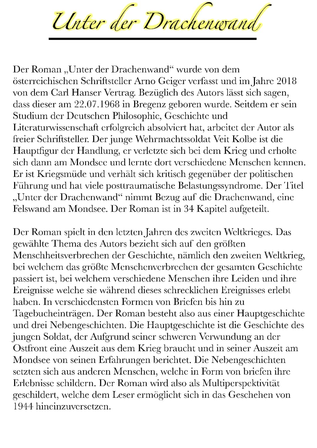 Unter der Drachenwand: Kapitel-Zusammenfassung und Figurenkonstellation