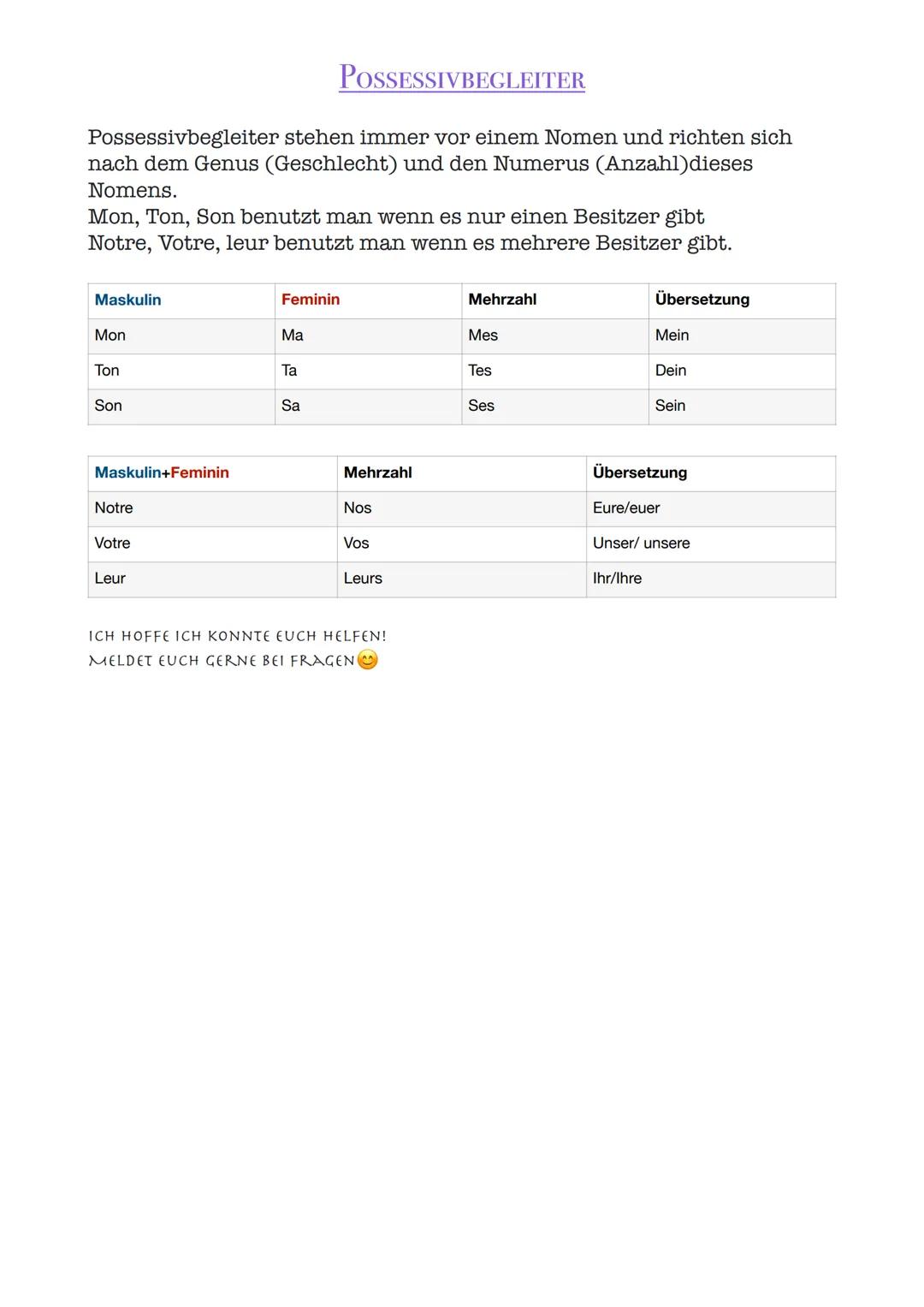 # POSSESSIVBEGLEITER

Possessivbegleiter stehen immer vor einem Nomen und richten sich
nach dem Genus (Geschlecht) und den Numerus (Anzahl) 