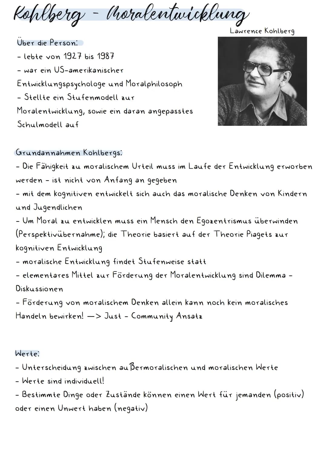 Kohlberg - Choralentwicklung
Über die Person:
- lebte von 1927 bis 1987
- war ein US-amerikanischer
Entwicklungspsychologe und Moralphilosop