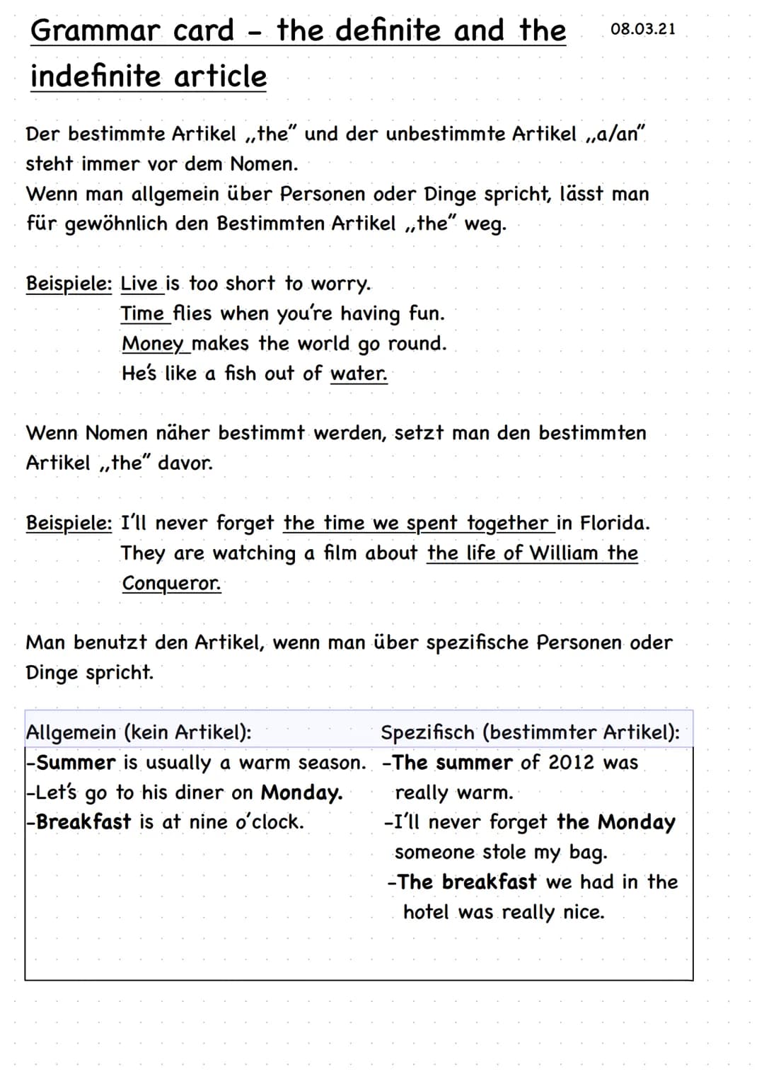 ! Im Englischen wird der bestimmte Artikel öfters weggelassen als im
Deutschen.
Beispiele: Life is beautiful. Das Leben ist schön.
Der unbes