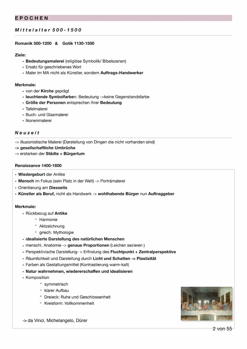 KUNST LK 2021
1 von 55 EPOCHEN
Mittelalter 500-1500
Romanik 500-1200 & Gotik 1130-1500
Ziele:
Bedeutungsmalerei (religiöse Symbolik/ Bibelsz