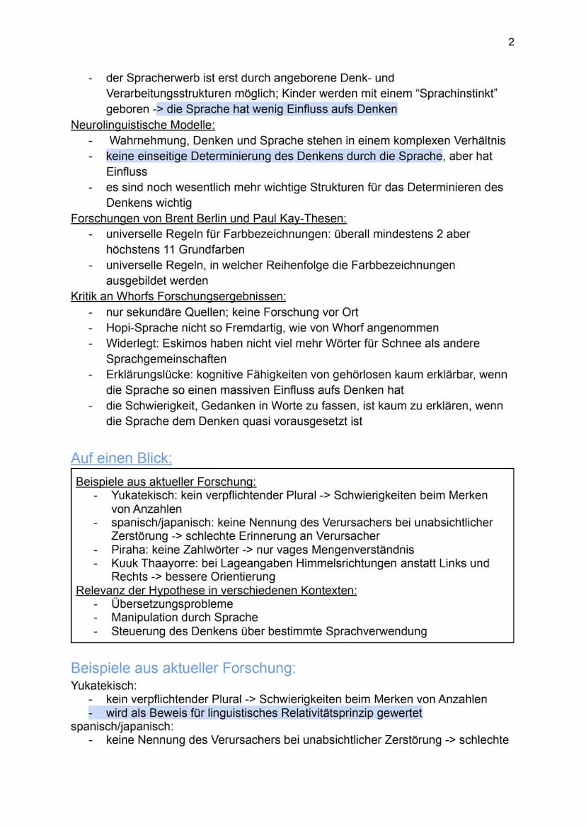Auf einen Blick:
Hypothese:
Sapir-Whorf Hypothese
Linguistisches Relativitätsprinzip: unterschiedliche Wahrnehmung durch
unterschiedliche Sp