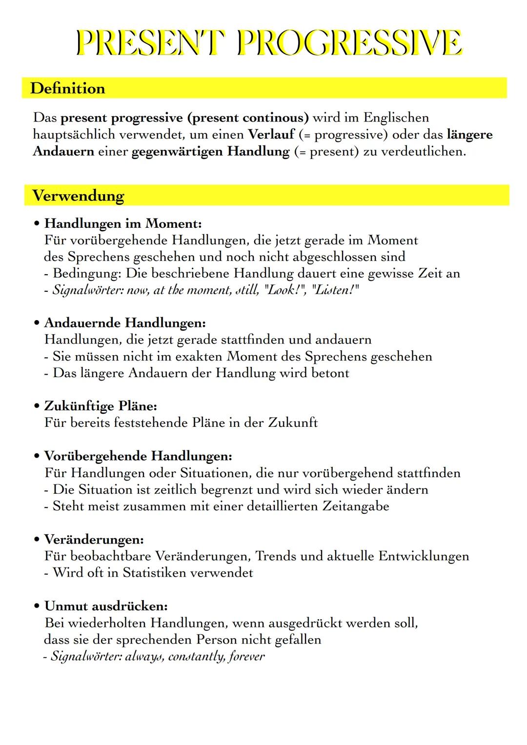 Definition
PRESENT PROGRESSIVE
Das present progressive (present continous) wird im Englischen
hauptsächlich verwendet, um einen Verlauf (= p