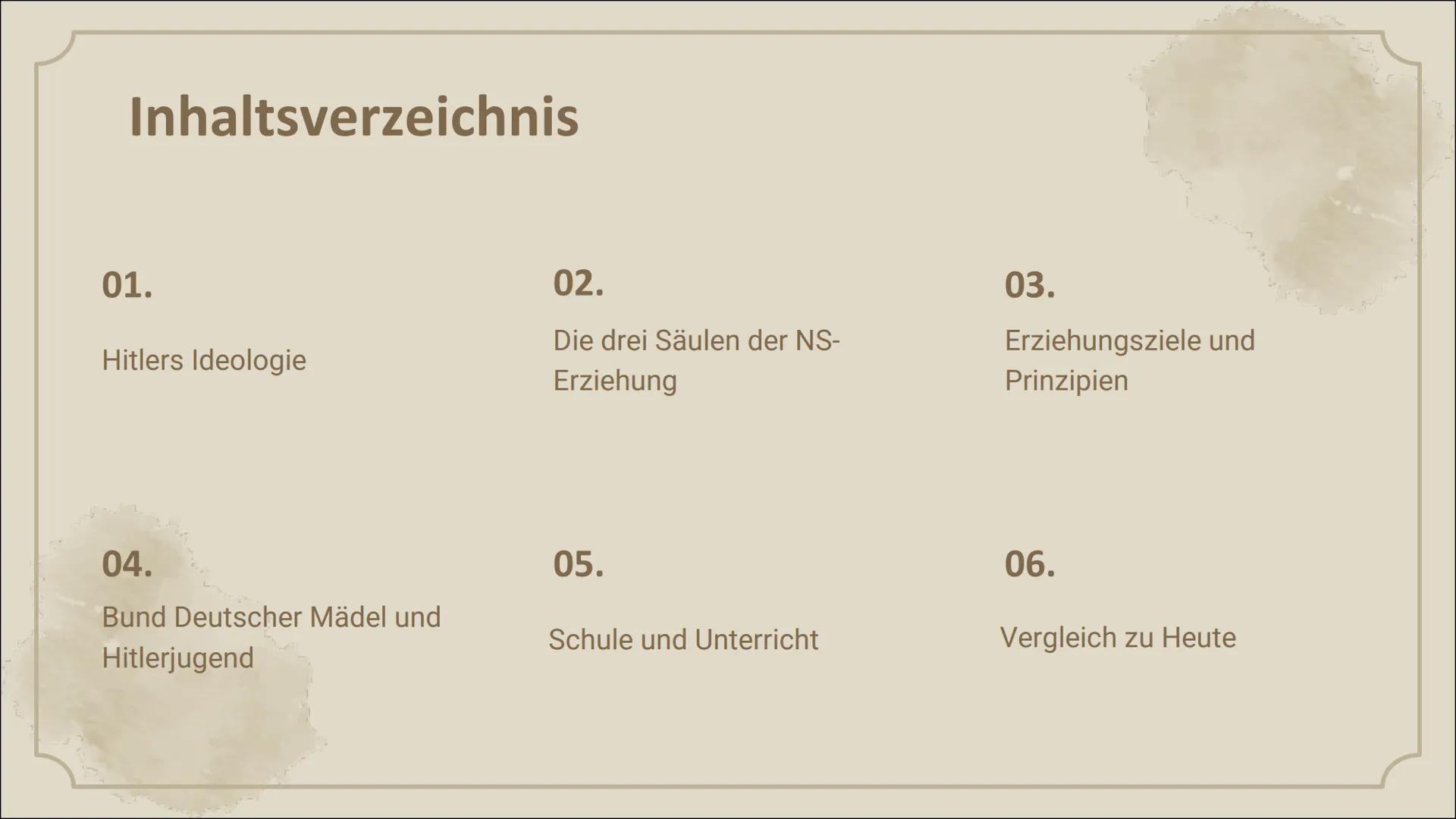 # Erziehung in
der NS- Zeit

Von 1933 bis 1945 Inhaltsverzeichnis

01.

02.

03.

Hitlers Ideologie

Die drei Säulen der NS-
Erziehung

Erzi