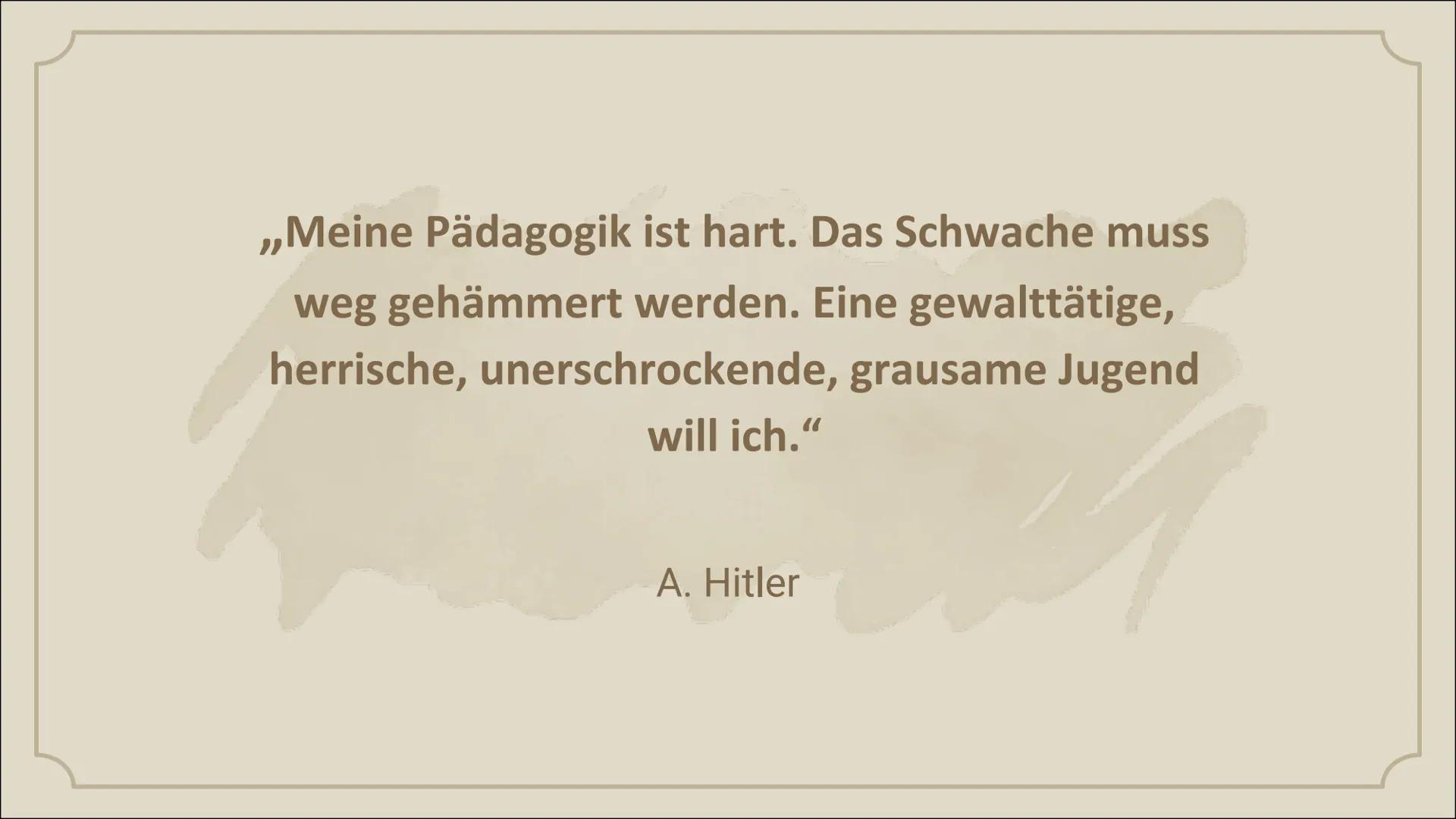 # Erziehung in
der NS- Zeit

Von 1933 bis 1945 Inhaltsverzeichnis

01.

02.

03.

Hitlers Ideologie

Die drei Säulen der NS-
Erziehung

Erzi