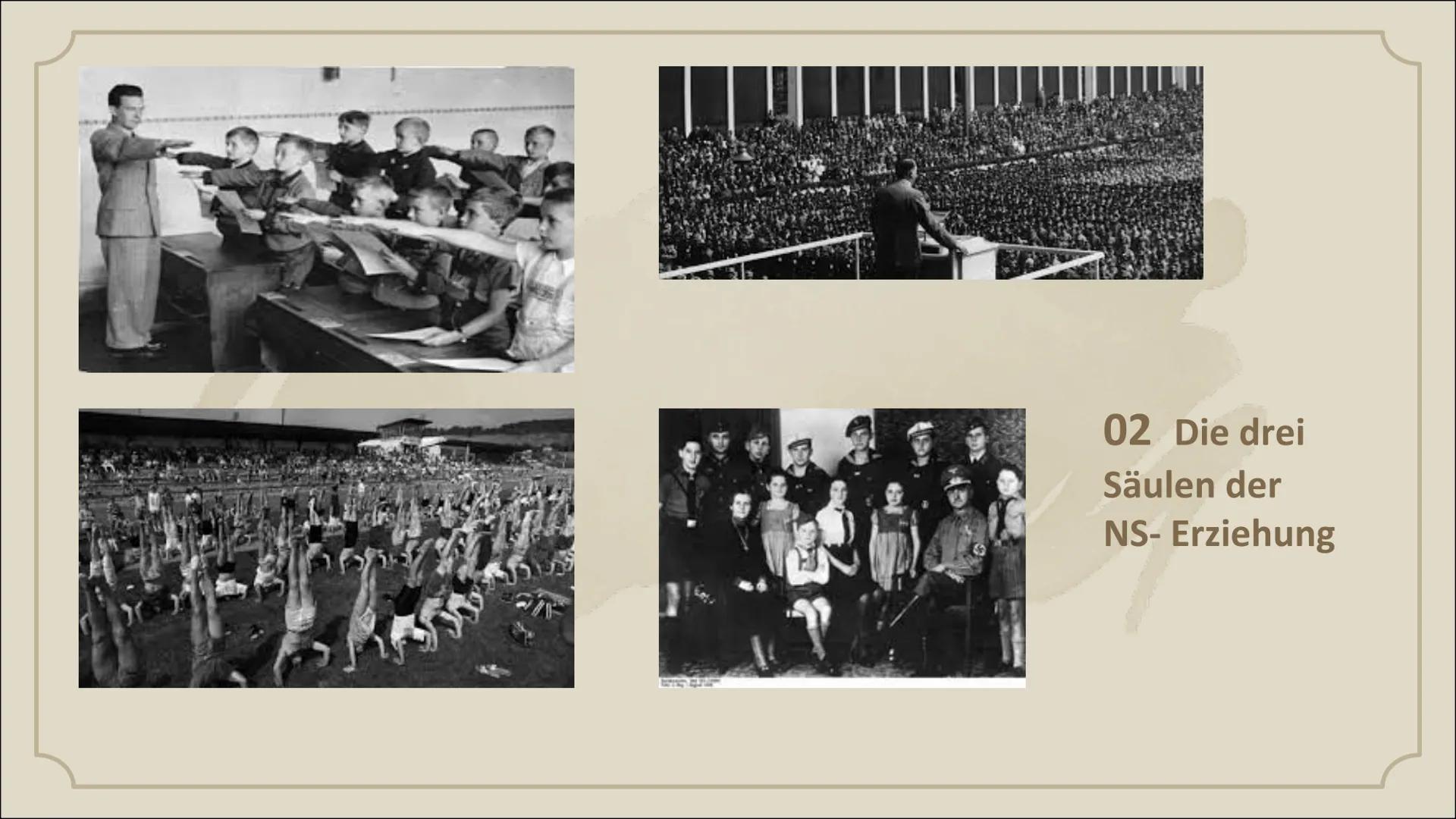 # Erziehung in
der NS- Zeit

Von 1933 bis 1945 Inhaltsverzeichnis

01.

02.

03.

Hitlers Ideologie

Die drei Säulen der NS-
Erziehung

Erzi