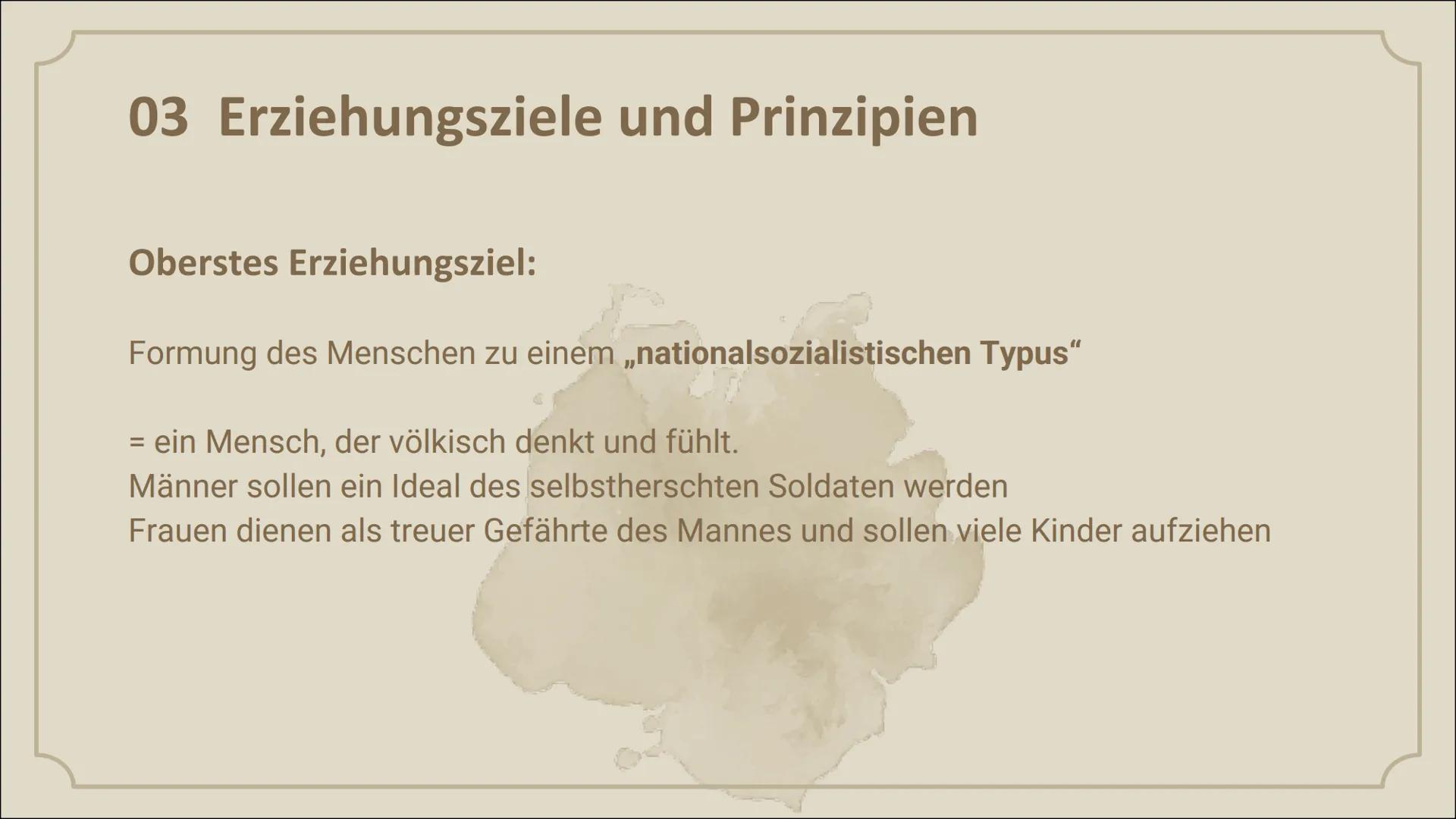 # Erziehung in
der NS- Zeit

Von 1933 bis 1945 Inhaltsverzeichnis

01.

02.

03.

Hitlers Ideologie

Die drei Säulen der NS-
Erziehung

Erzi