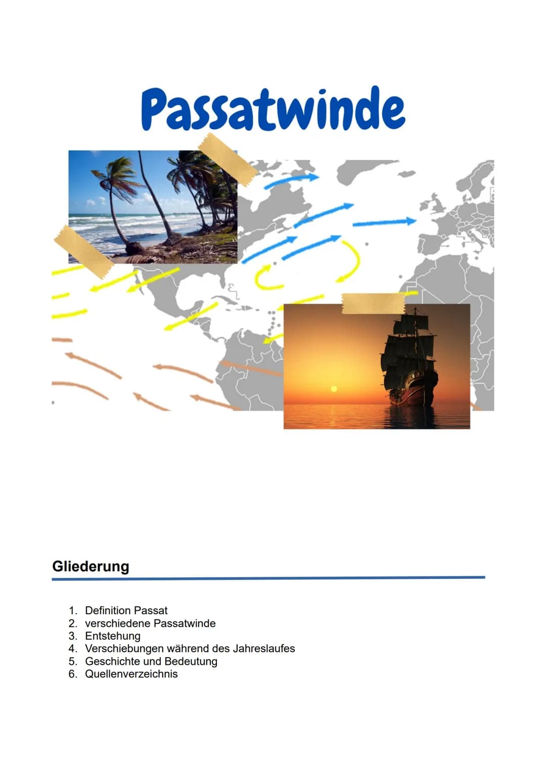 Gliederung
Passatwinde
1. Definition Passat
2. verschiedene Passatwinde
3. Entstehung
4. Verschiebungen während des Jahreslaufes
5. Geschich