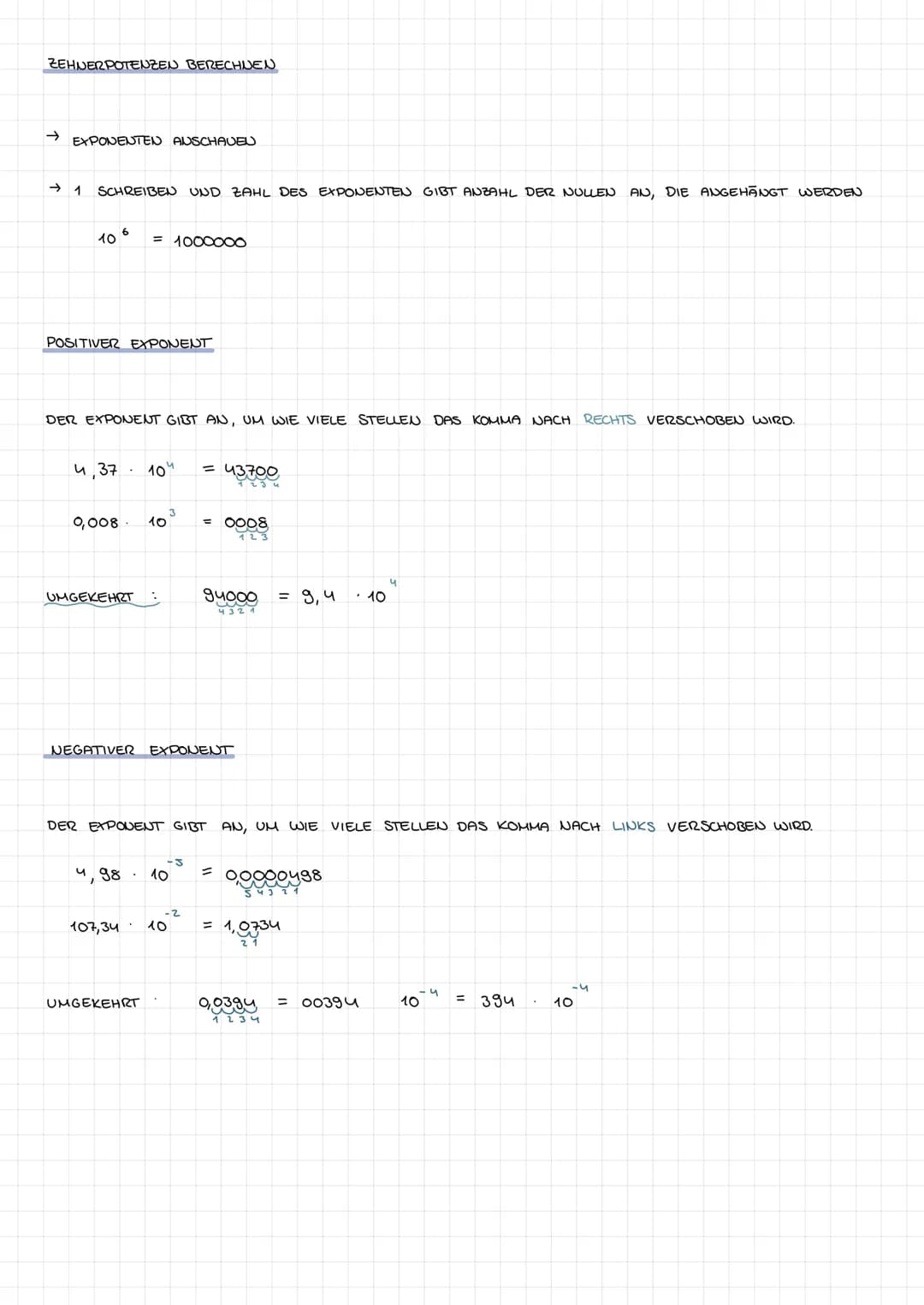 10ER POTENZEN
BEI DEN ZEHUERPOTENZEN GIBT DER EXPONENT DIE ANZAHL DER NULLEN AN.
BEISPIEL
10
10
10
C
10
10
10
10
→>
44
→>
2
3
4
8
-6
n
= 100