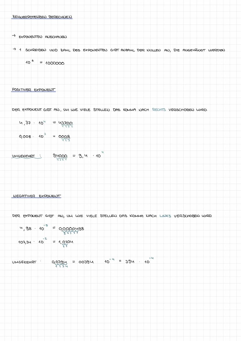 10ER POTENZEN
BEI DEN ZEHUERPOTENZEN GIBT DER EXPONENT DIE ANZAHL DER NULLEN AN.
BEISPIEL
10
10
10
C
10
10
10
10
→>
44
→>
2
3
4
8
-6
n
= 100