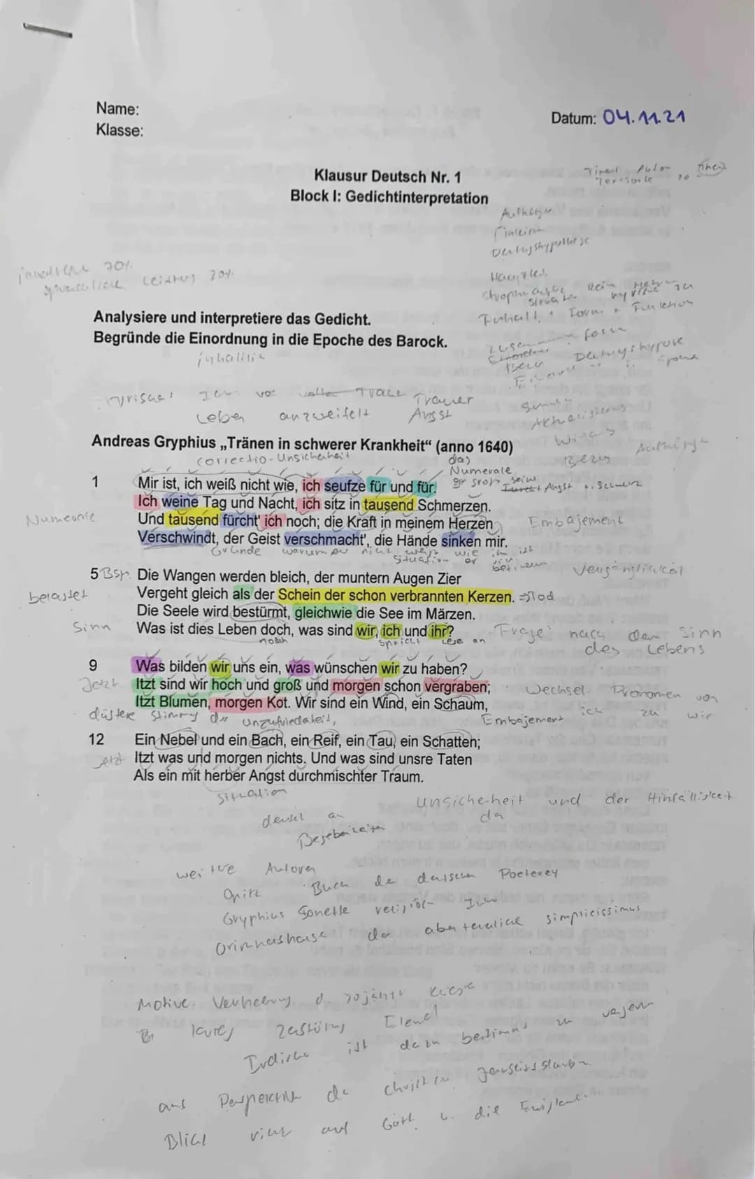 1
je 70%.
Spencaliel Leithog 204.
Name:
Klasse:
belastet
Analysiere und interpretiere das Gedicht.
Begründe die Einordnung in die Epoche des