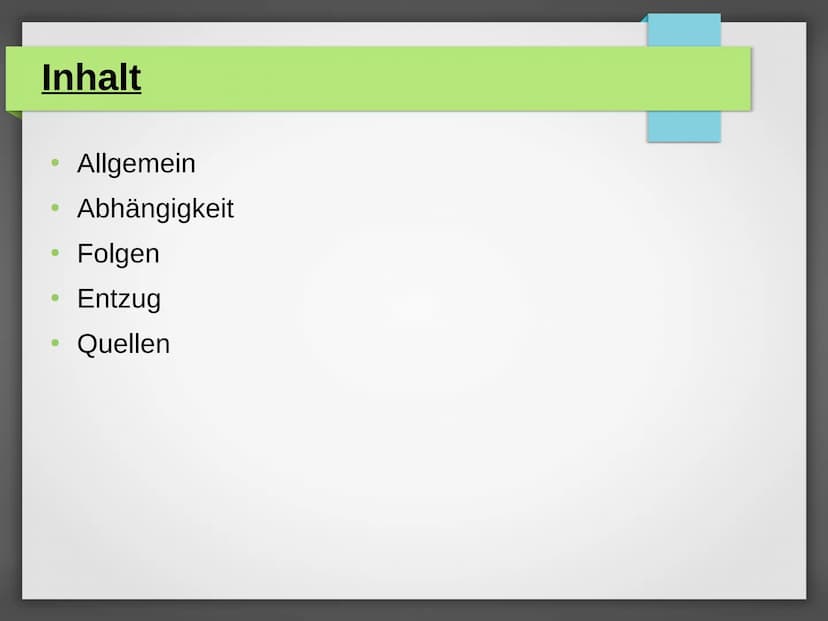 Nikotin Inhalt
●
●
●
●
Allgemein
Abhängigkeit
Folgen
Entzug
Quellen Allgemein
●
C10H14N2
Einnahme durch Rauchen
Tabak,
Nachtschattengewächse