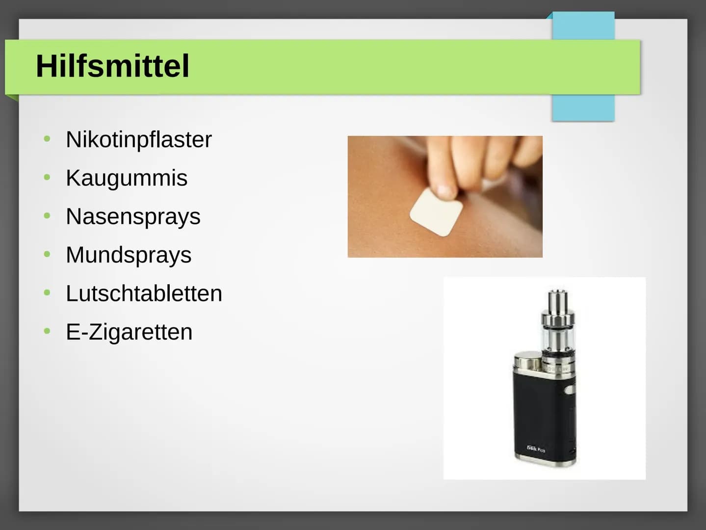 Nikotin Inhalt
●
●
●
●
Allgemein
Abhängigkeit
Folgen
Entzug
Quellen Allgemein
●
C10H14N2
Einnahme durch Rauchen
Tabak,
Nachtschattengewächse