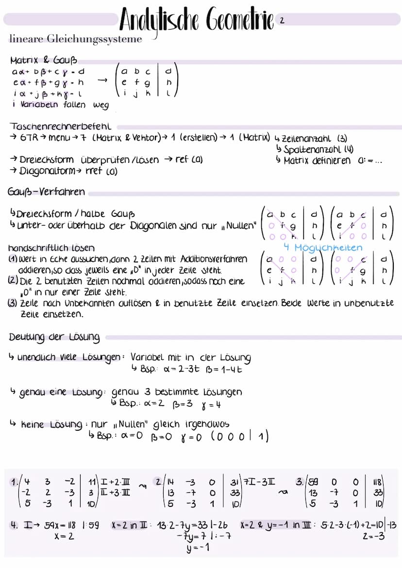 lineare Gleichungssysteme
1. genau bestimmtes LGS
4 genauso viele Gleichungen wie Variabeln
mögliche Lösungen
-X₁ + X₂-2x3 = -3
X₁ + x2 + 2x