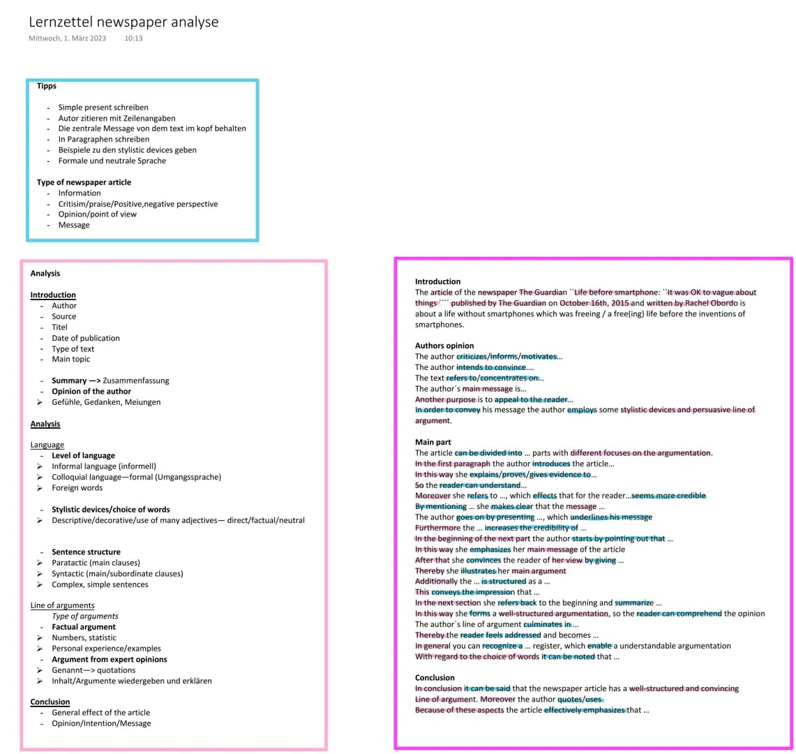 Lernzettel newspaper analyse
Mittwoch, 1. März 2023 10:13
Tipps
- Simple present schreiben
Autor zitieren mit Zeilenangaben.
Die zentrale Me