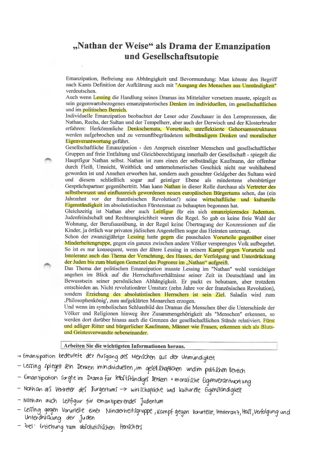 ,,Nathan der Weise" als Drama der Emanzipation
und Gesellschaftsutopie
Emanzipation, Befreiung aus Abhängigkeit und Bevormundung: Man könnte