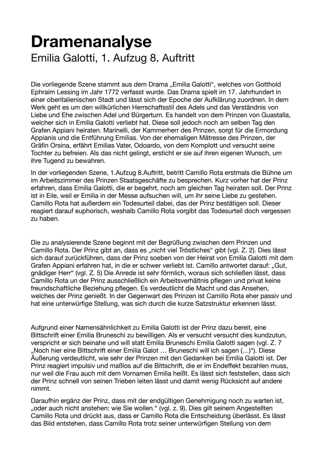 Dramenanalyse
Emilia Galotti, 1. Aufzug 8. Auftritt
Die vorliegende Szene stammt aus dem Drama ,,Emilia Galotti", welches von Gotthold
Ephra