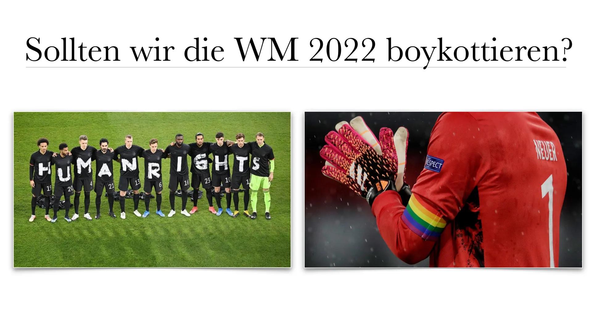 WM Katar 2022
VAR VAR VA • Politisches System
• Korruption bei der Abstimmung
Klimatische Bedingungen
●
●
●
Arbeitsbedingungen
Sportswashing