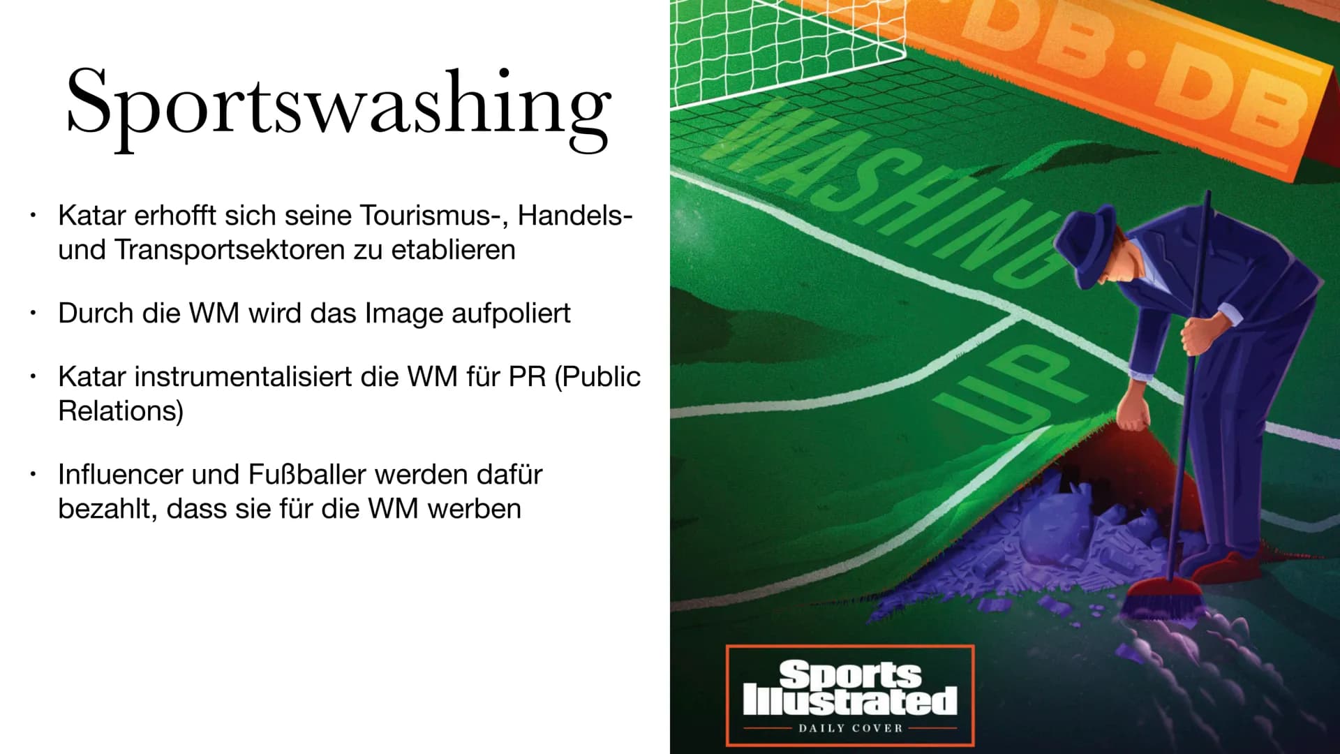 WM Katar 2022
VAR VAR VA • Politisches System
• Korruption bei der Abstimmung
Klimatische Bedingungen
●
●
●
Arbeitsbedingungen
Sportswashing