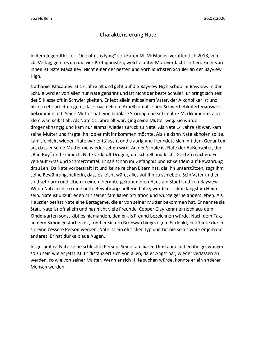 Charakterisierungen und Zusammenfassung von 'One of Us is Lying'