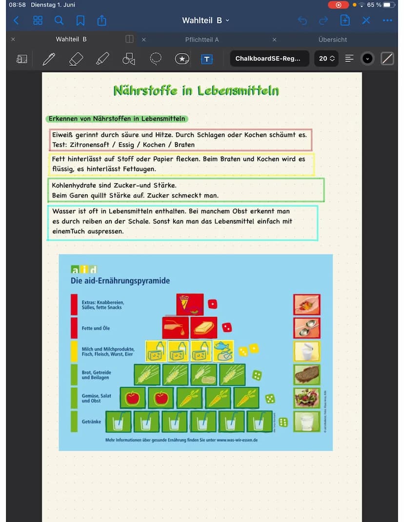 08:58 Dienstag 1. Juni
1 von 8
Wahlteil B
8
Wahlteil B
Pflichtteil A
★
T
Chalkboard SE-Reg...
Wahlteil B
Ernährung und Gesundheit
O
Übersich