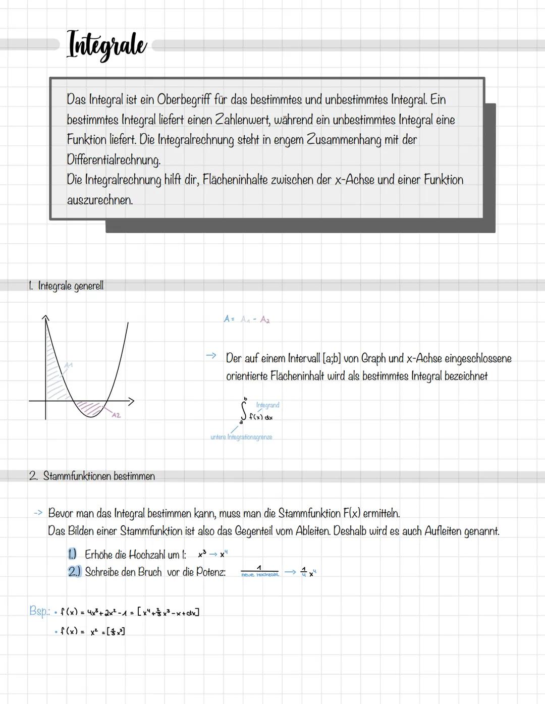 Integrale
Das Integral ist ein Oberbegriff für das bestimmtes und unbestimmtes Integral. Ein
bestimmtes Integral liefert einen Zahlenwert, w