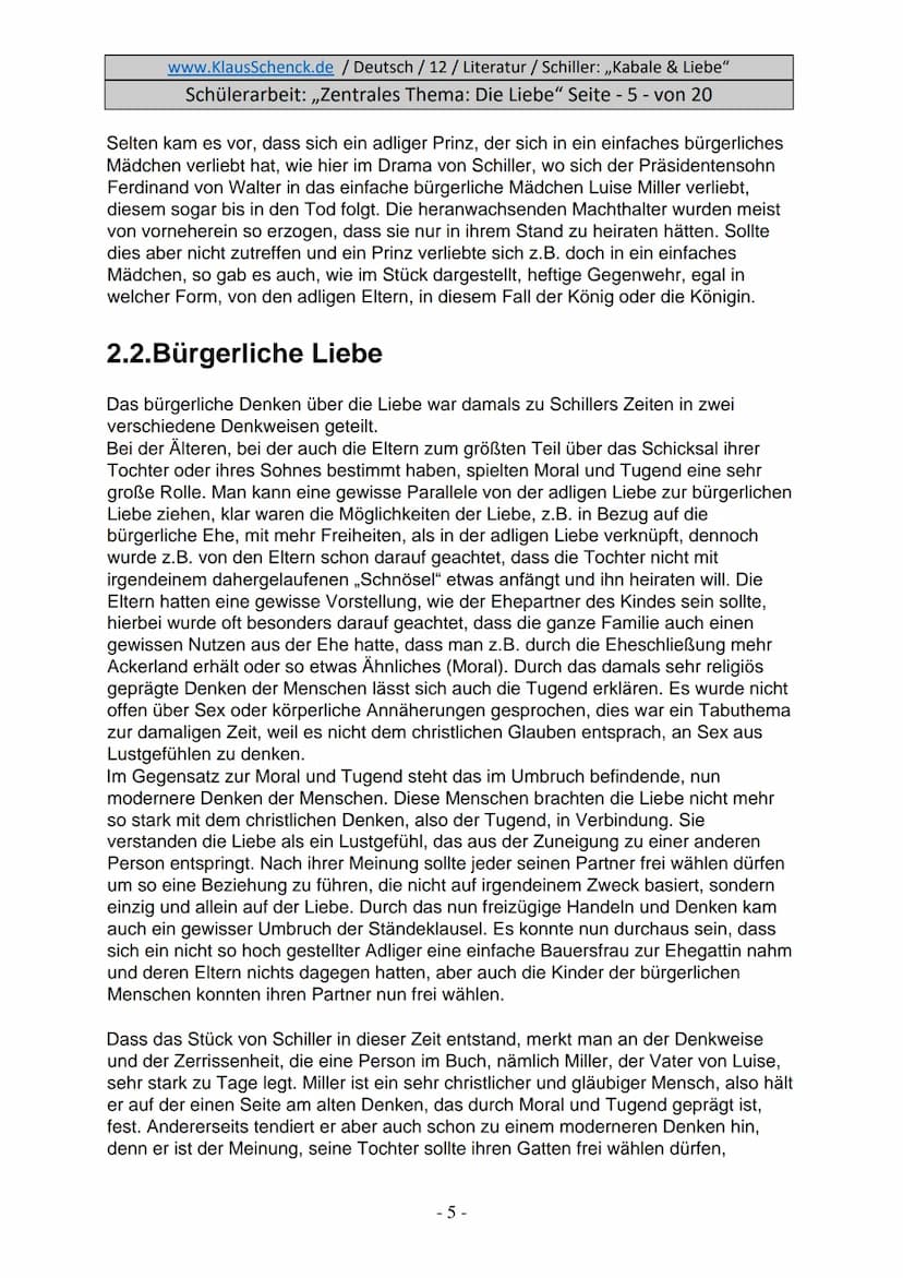 www.KlausSchenck.de / Deutsch / 12/ Literatur / Schiller: ,,Kabale & Liebe"
Schülerarbeit: ,,Zentrales Thema: Die Liebe" Seite - 1 - von 20
