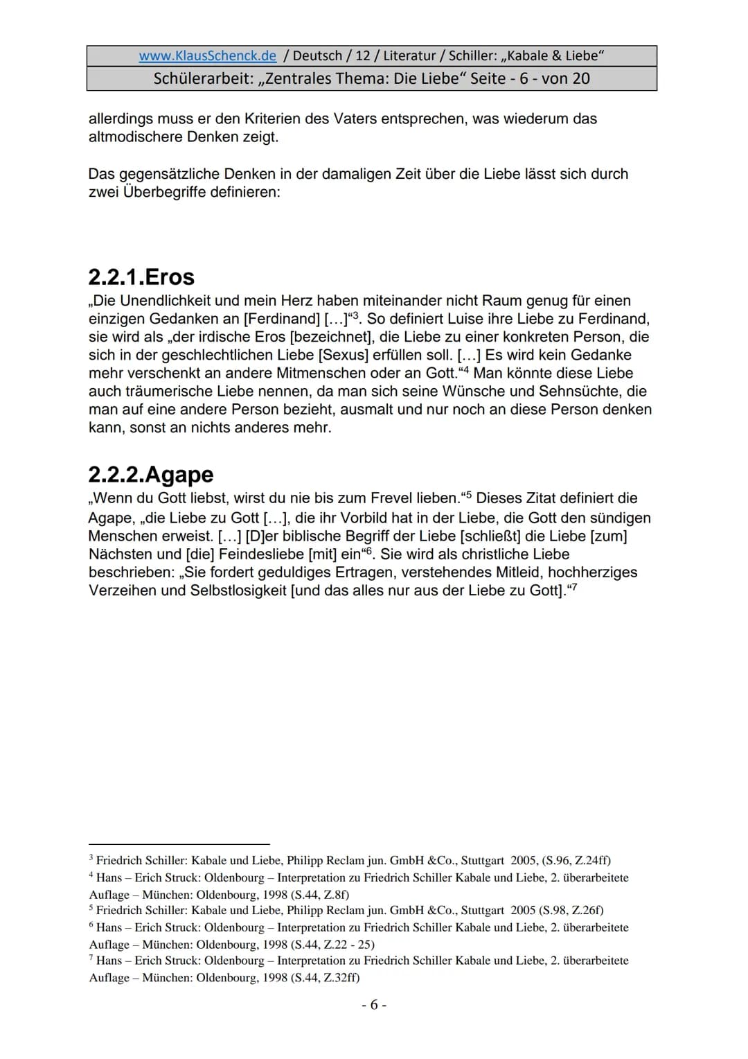 www.KlausSchenck.de / Deutsch / 12/ Literatur / Schiller: ,,Kabale & Liebe"
Schülerarbeit: ,,Zentrales Thema: Die Liebe" Seite - 1 - von 20

