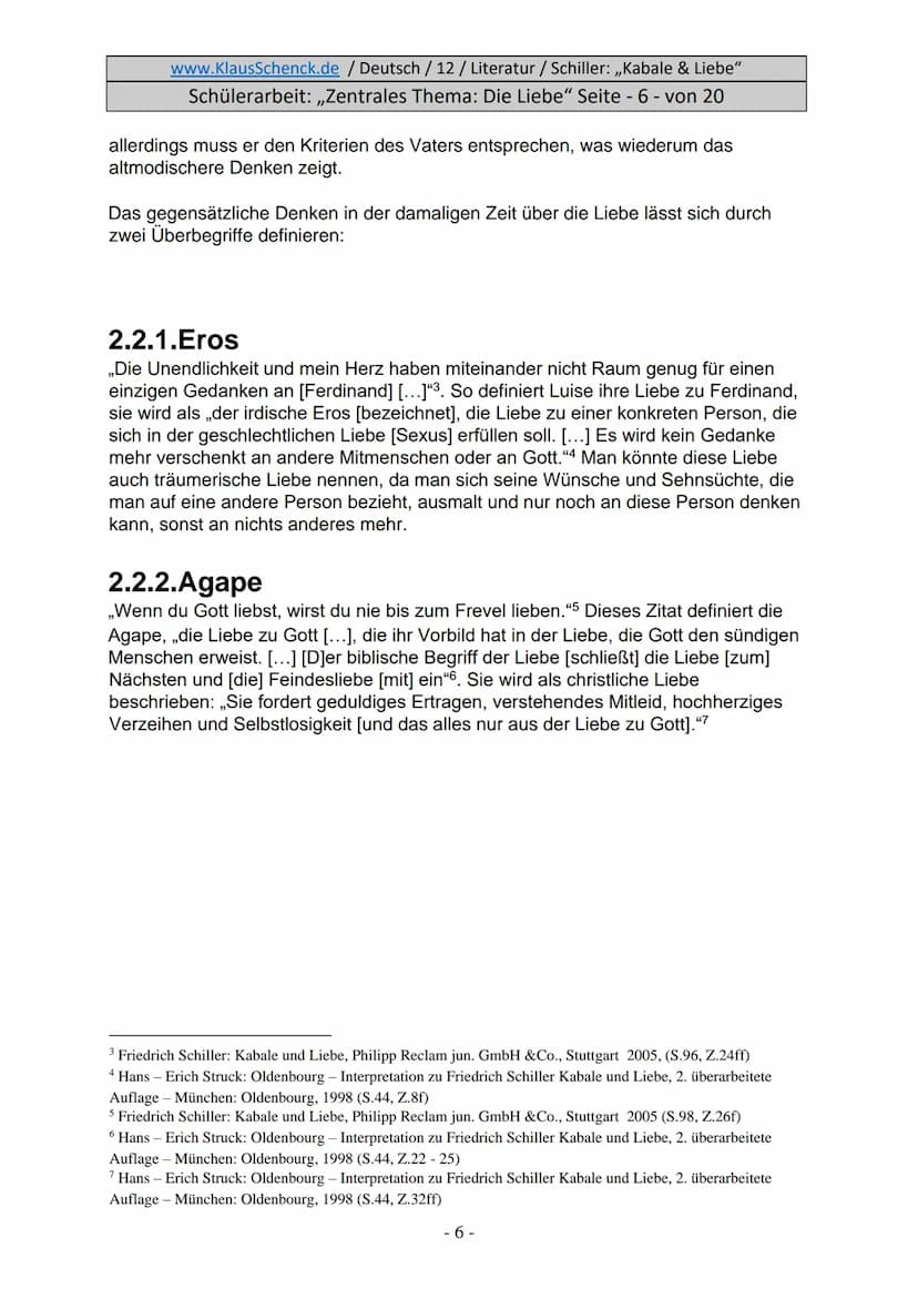 www.KlausSchenck.de / Deutsch / 12/ Literatur / Schiller: ,,Kabale & Liebe"
Schülerarbeit: ,,Zentrales Thema: Die Liebe" Seite - 1 - von 20
