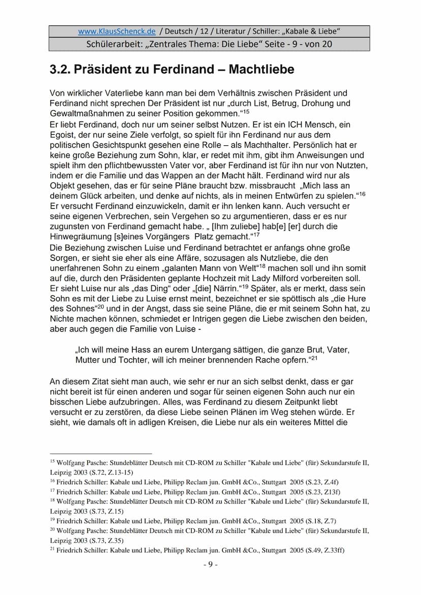 www.KlausSchenck.de / Deutsch / 12/ Literatur / Schiller: ,,Kabale & Liebe"
Schülerarbeit: ,,Zentrales Thema: Die Liebe" Seite - 1 - von 20
