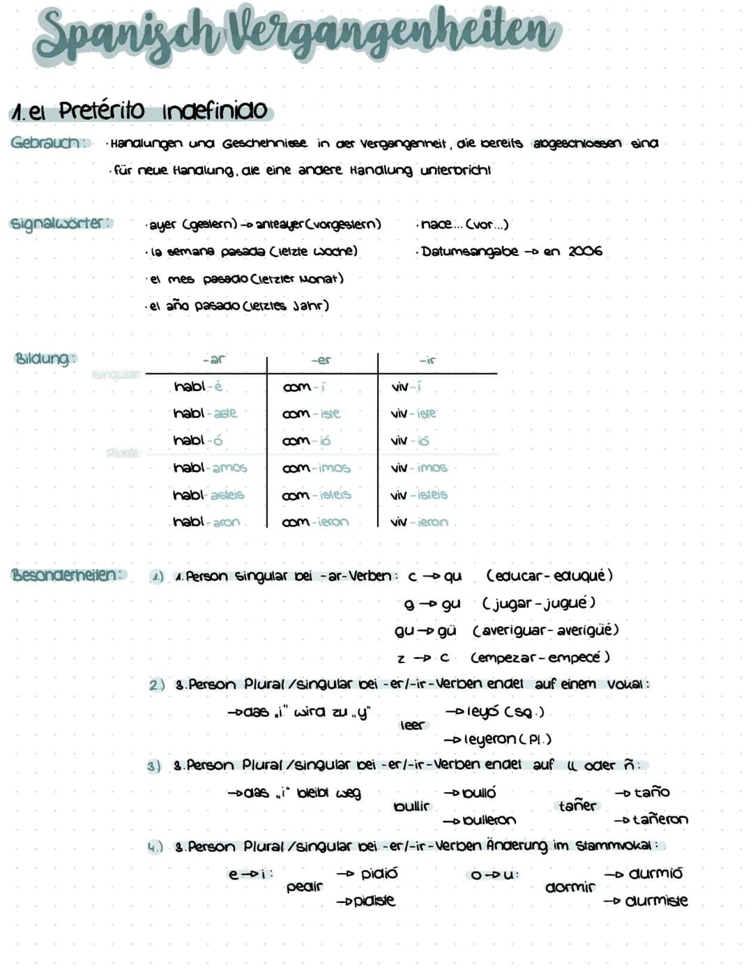 Spanisch Vergangenheiten
1.el Pretérito indefinido
Gebrauch: Handlungen und Geschehnisse in der Vergangenheit, die bereits alogeschlossen si