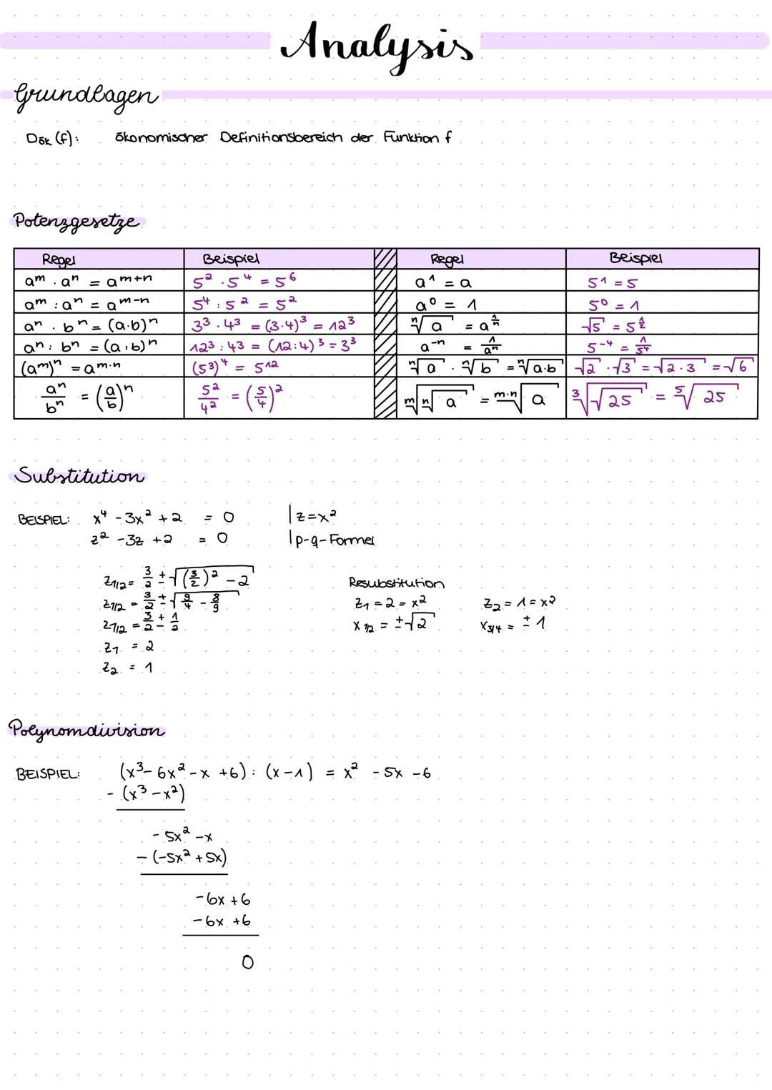 Mathe # Analysis

Grundlagen

Dök (f): ökonomischer Definitionsbereich der Funktion f

Potenzgesetze

| Regel       | Beispiel       | Regel