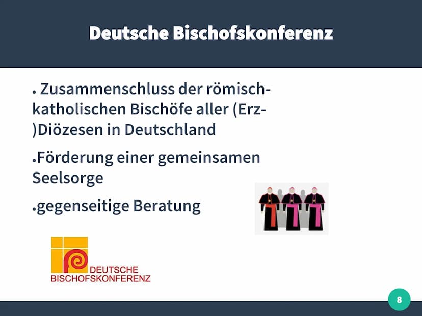 TTT
deutsche Bischofskonferenz:
- Zusammenschluss der römisch-
katholischen Bischöfe aller
(Erz-)Diözesen in Deutschland
Leiter: Dekan
Dekan