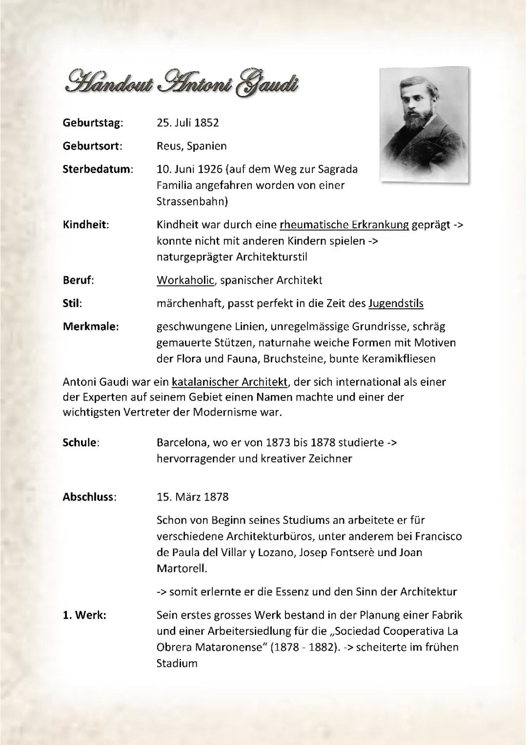 Antoni Gaudi | Kunst Handout | Architektur