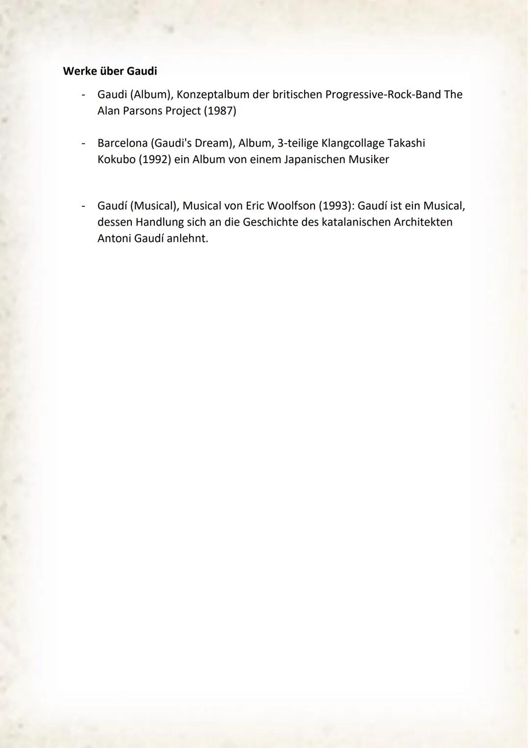 Handout Antoni Gaudi
Geburtstag:
Geburtsort:
Sterbedatum:
Kindheit:
Beruf:
Stil:
Merkmale:
Schule:
Abschluss:
25. Juli 1852
Reus, Spanien
10