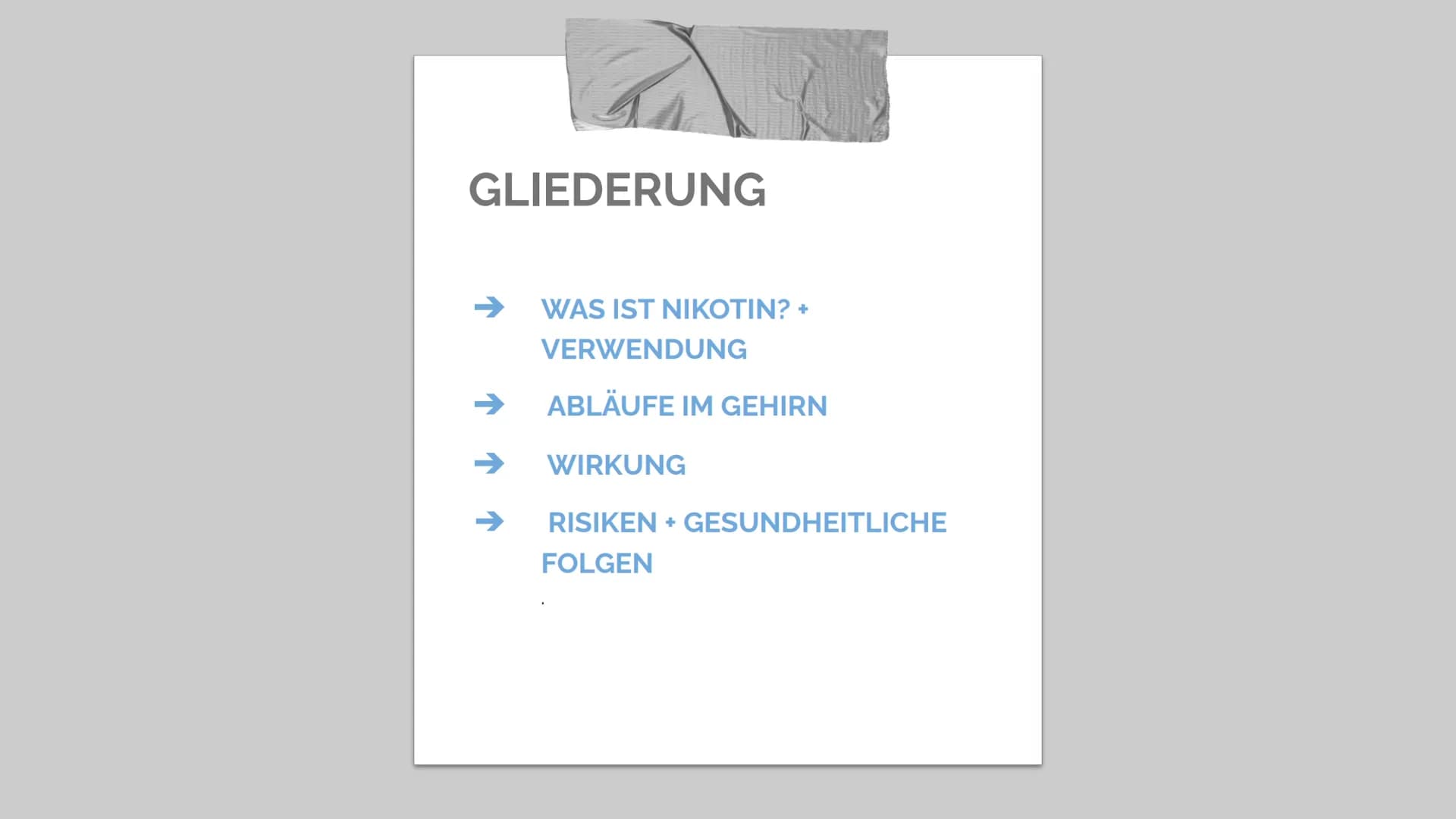 Das Nervengift
Nikotin GLIEDERUNG
WAS IST NIKOTIN? +
VERWENDUNG
ABLÄUFE IM GEHIRN
WIRKUNG
RISIKEN + GESUNDHEITLICHE
FOLGEN Was ist Nikotin
ü