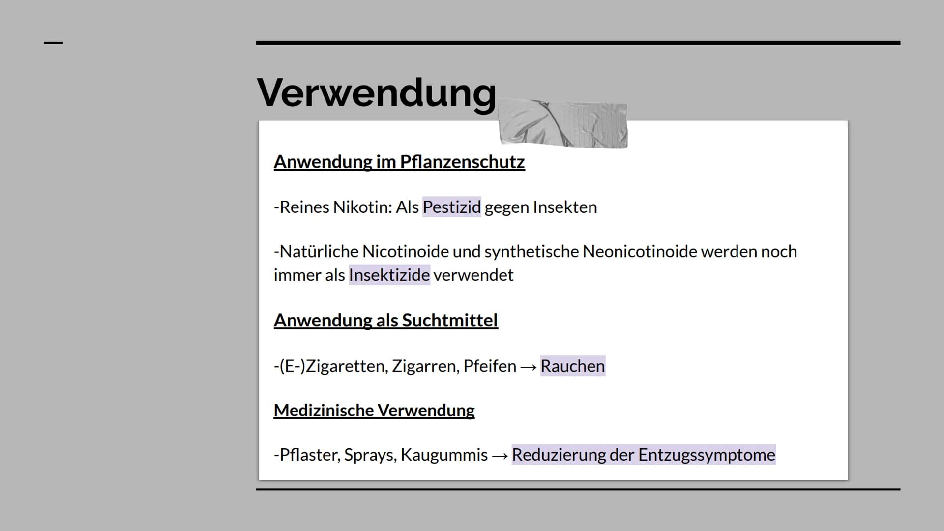 Das Nervengift
Nikotin GLIEDERUNG
WAS IST NIKOTIN? +
VERWENDUNG
ABLÄUFE IM GEHIRN
WIRKUNG
RISIKEN + GESUNDHEITLICHE
FOLGEN Was ist Nikotin
ü