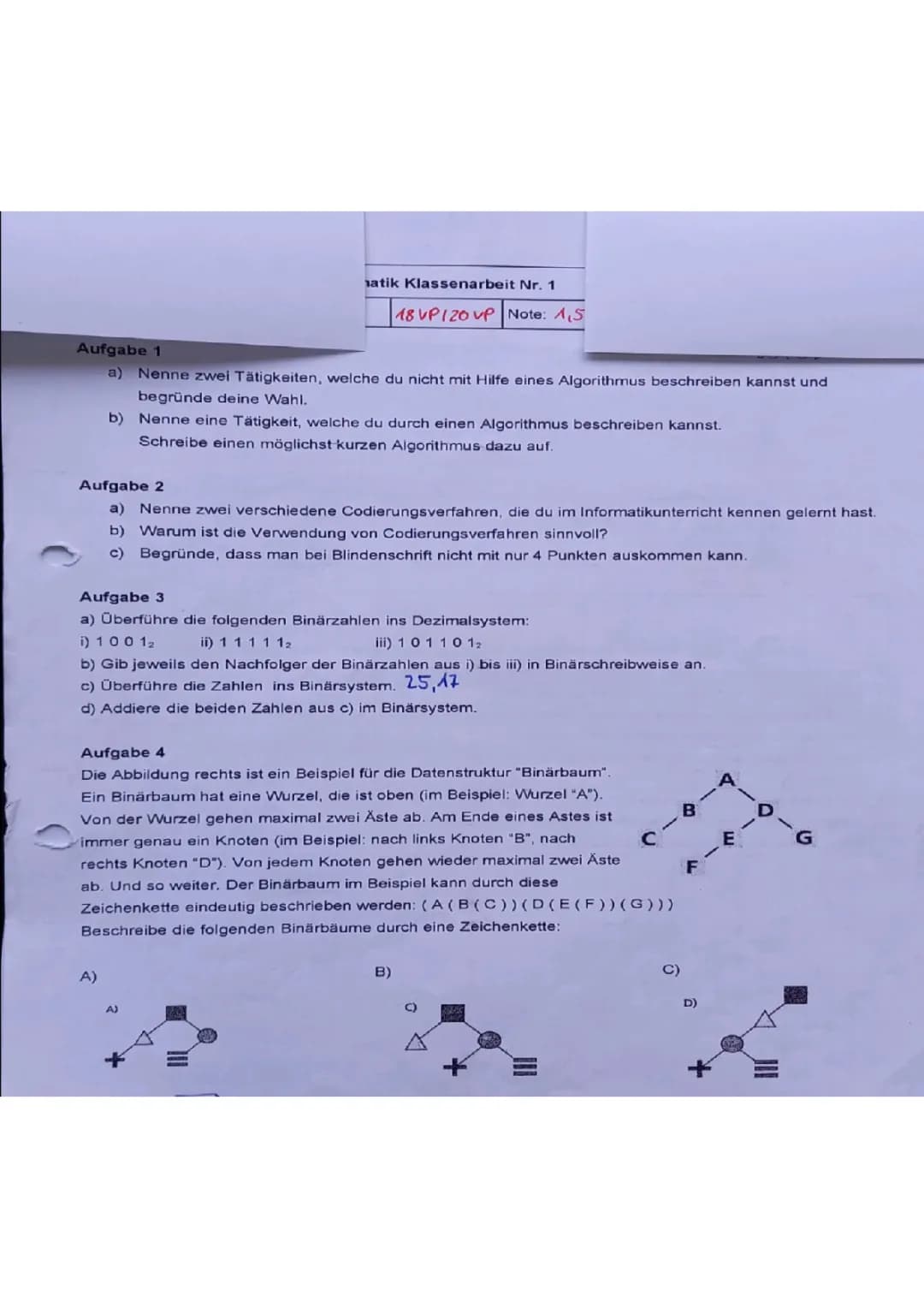 Klassenarbeit Informatik Klasse 7: Codierungen und Binärzahlen einfach erklärt