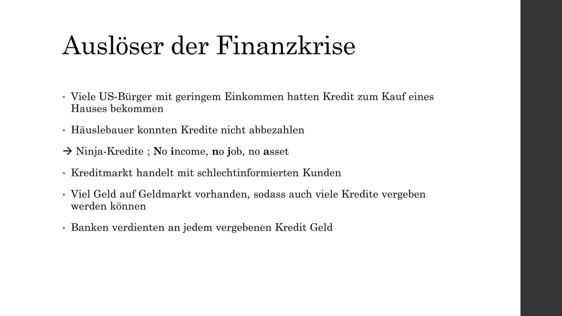 Finanzkrise 2008
Hat sie wirklich nur Unheil angerichtet?
Index 1.56
1 0 0 0 0 0 Auslöser der Finanzkrise
●
●
Häuslebauer konnten Kredite ni